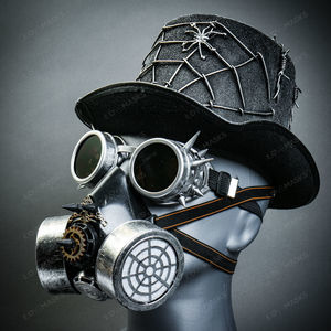 Silver Halloween Spider Web Top Hat w/ Gold Gas Mask & Spike Goggles Costume